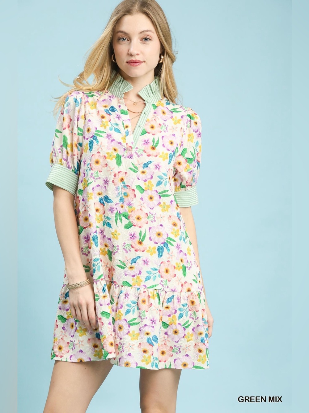 Umgee Mix Floral Ruffle Collar Tiered Babydoll Dress